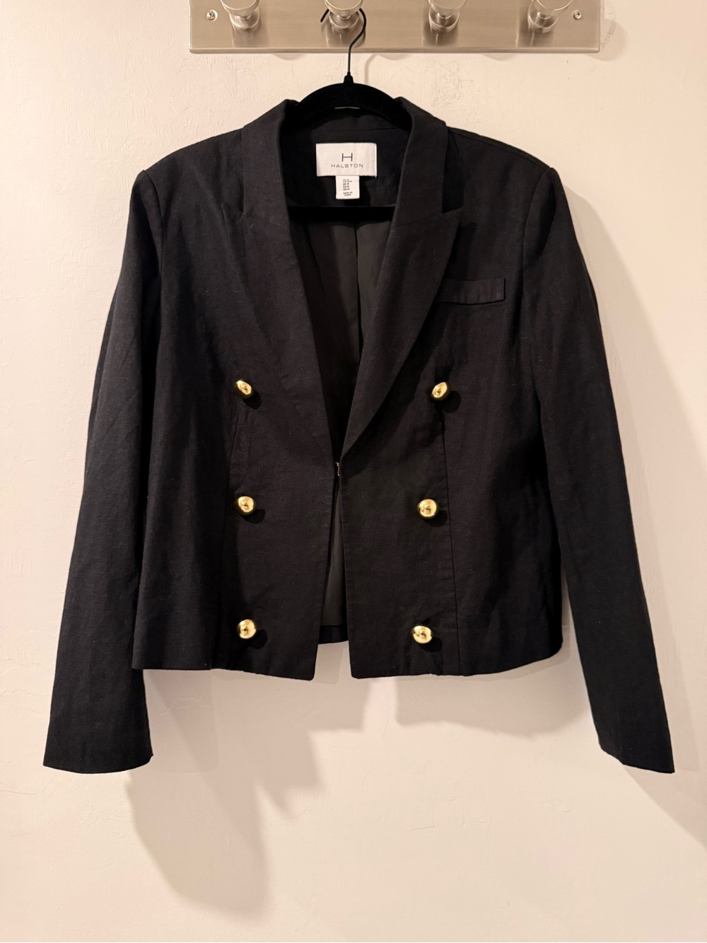 H Halston Black Linen Blend Double Breasted Gold Button Blazer Jacket M